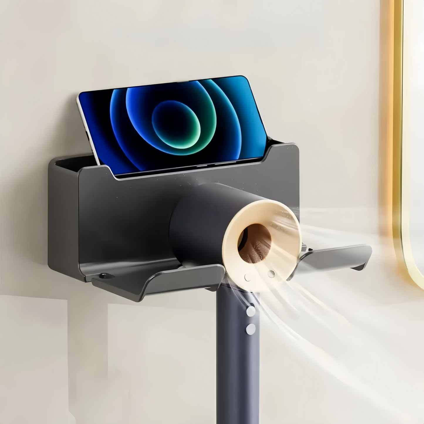 Black DryDock hair dryer holder with phone and hair dryer