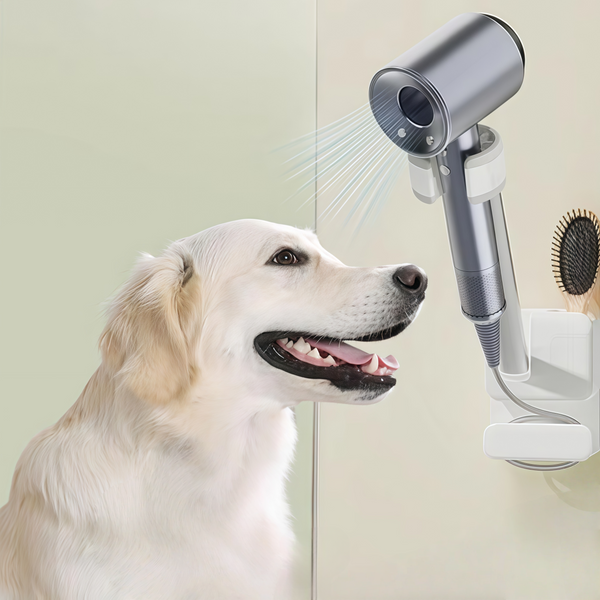 AuraHold Wall Hair Dryer Stand with Dyson hair dryer blowing dog